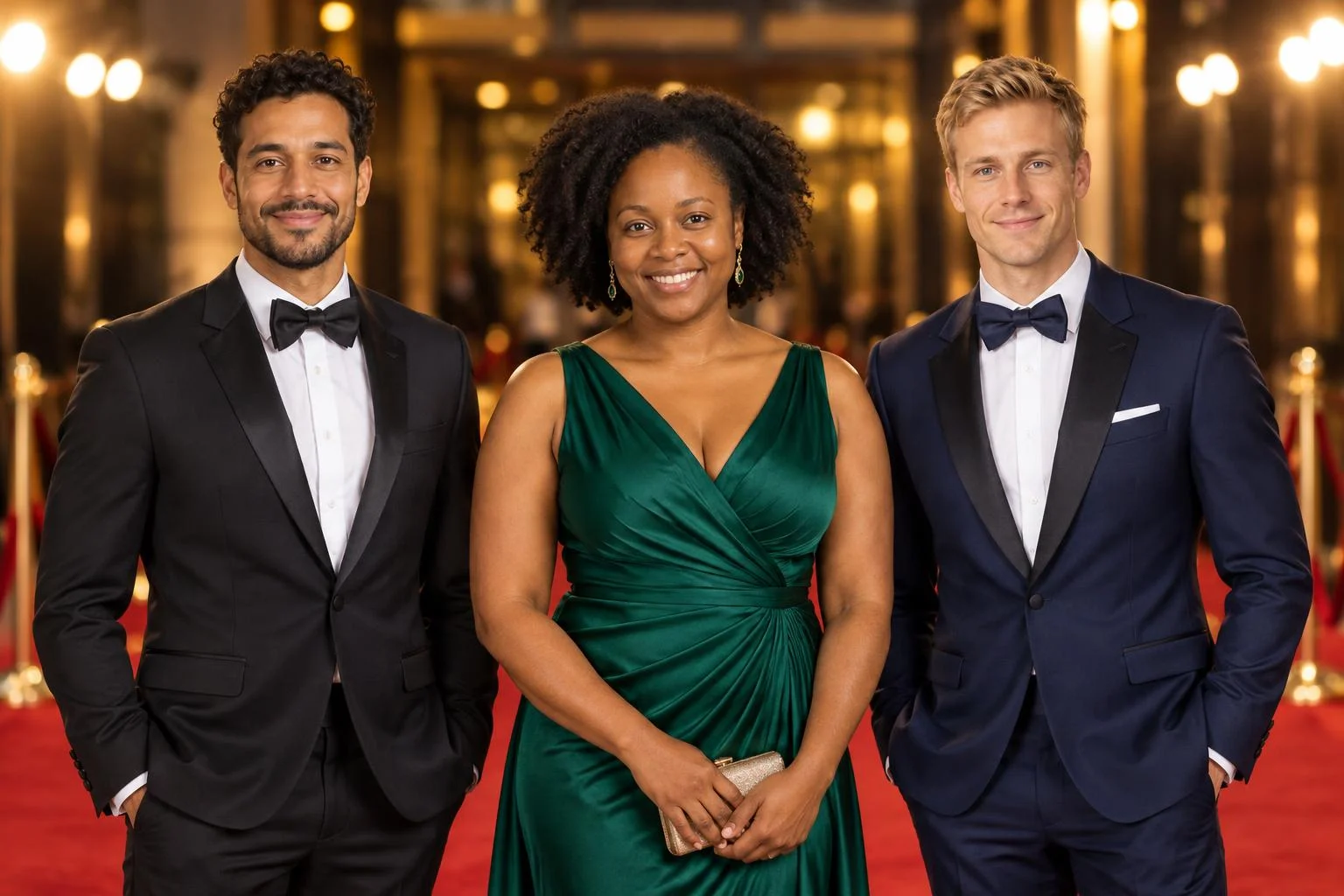 Three fictional guests transformed into a glamorous red carpet group portrait