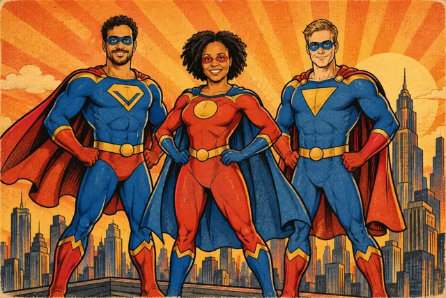 Retro Comic Heroes AI example with fictional models