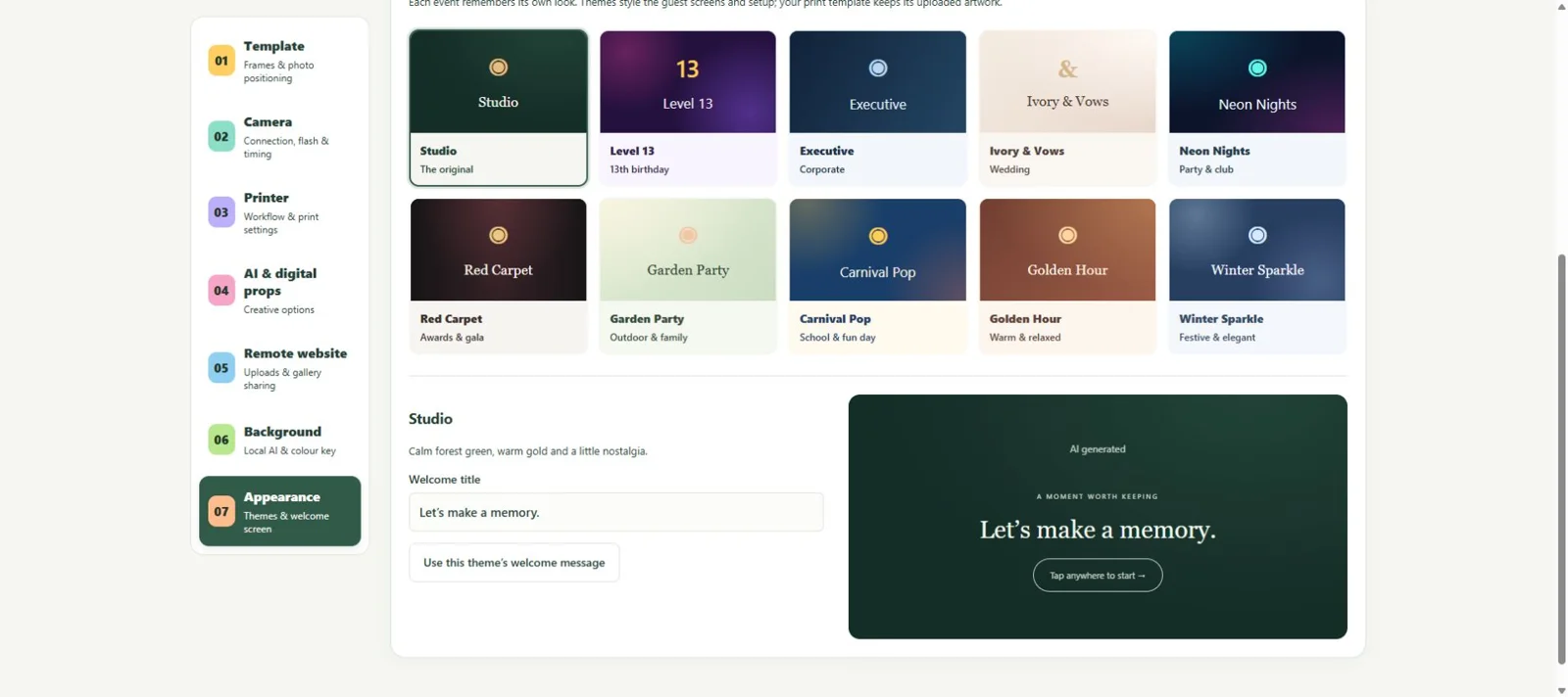 Actual Photobooth Studio Appearance tab showing all ten themes and the welcome screen preview